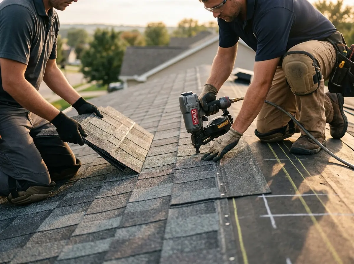 Professional roofer working on a residential roof in Short Pump